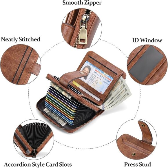 Women's Small Leather RFID Wallet Bifold Zipper Card Case with ID Window - Picture 8 of 11